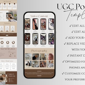 May include: A mockup of a website template for a user-generated content portfolio. The template features a light brown and beige color scheme with a modern design. The text on the page reads "UGC Portfolio Template" and includes a list of features such as "Edit all the text", "Edit all fonts", "Add your own images", "Replace video content with your own", "Instant download", "Optimized for both mobile phones and laptops", and "Customize color to match your preferred aesthetic".
