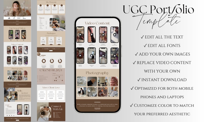 May include: A mockup of a website template for a user-generated content portfolio. The template features a light brown and beige color scheme with a modern design. The text on the page reads "UGC Portfolio Template" and includes a list of features such as "Edit all the text", "Edit all fonts", "Add your own images", "Replace video content with your own", "Instant download", "Optimized for both mobile phones and laptops", and "Customize color to match your preferred aesthetic".