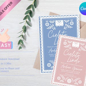 2 in 1 Cielito lindo baby shower invitation blue/pink talavera invitation Mexican baby shower papel picado invite editable Canva template