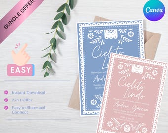 2 in 1 Cielito lindo baby shower invitation blue/pink talavera invitation Mexican baby shower papel picado invite editable Canva template