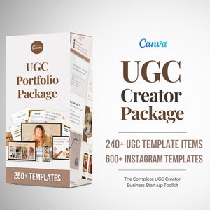 May include: A brown and white box with the text "Canva UGC Portfolio Package" and "250+ TEMPLATES". A second box with the text "Canva UGC Creator Package" and "240+ UGC TEMPLATE ITEMS 600+ INSTAGRAM TEMPLATES" and "The Complete UGC Creator Business Start-up Toolkit".