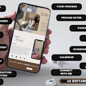 May include: A screenshot of a mobile phone displaying a website with a case study, client reviews, and a call to action to connect with the business. The website is designed in a modern, minimalist style with a brown and white color scheme. The text on the website includes the words "Case Study", "Client Reviews", "Connect with Me", and "Let's build a loyal and engaged community".