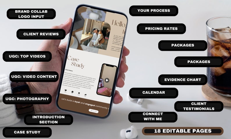 May include: A screenshot of a mobile phone displaying a website with a case study, client reviews, and a call to action to connect with the business. The website is designed in a modern, minimalist style with a brown and white color scheme. The text on the website includes the words "Case Study", "Client Reviews", "Connect with Me", and "Let's build a loyal and engaged community".