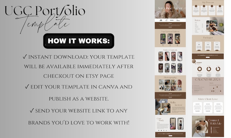 May include: A brown and white graphic design template for a UGC portfolio website. The template includes sections for "Services I Offer", "Top Viewed Videos", "Video Content", "Photography", "Hello", "Packages", "Calendar 2021", "More Client Love", and "Connect With Me".