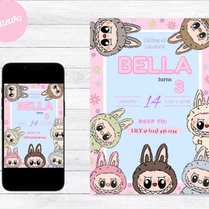 May include: A pink and blue birthday invitation with a cartoon character theme. The invitation says "Calling all Labubu's!" and "Bella turns 3". The date is January 14th, 2:30-5:30 PM. RSVP to Lily at (123) 456-1234.