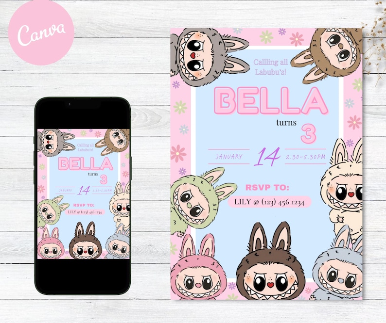 May include: A pink and blue birthday invitation with a cartoon character theme. The invitation says "Calling all Labubu's!" and "Bella turns 3". The date is January 14th, 2:30-5:30 PM. RSVP to Lily at (123) 456-1234.