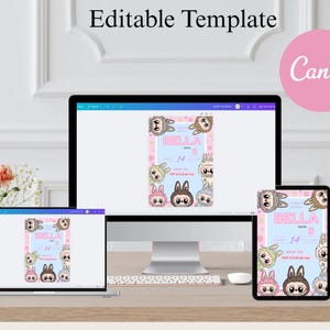 May include: Editable template for a birthday party invitation with a pink and blue color scheme. The invitation features a cartoon character with a pink bow and the text "Bella's 3rd Birthday".