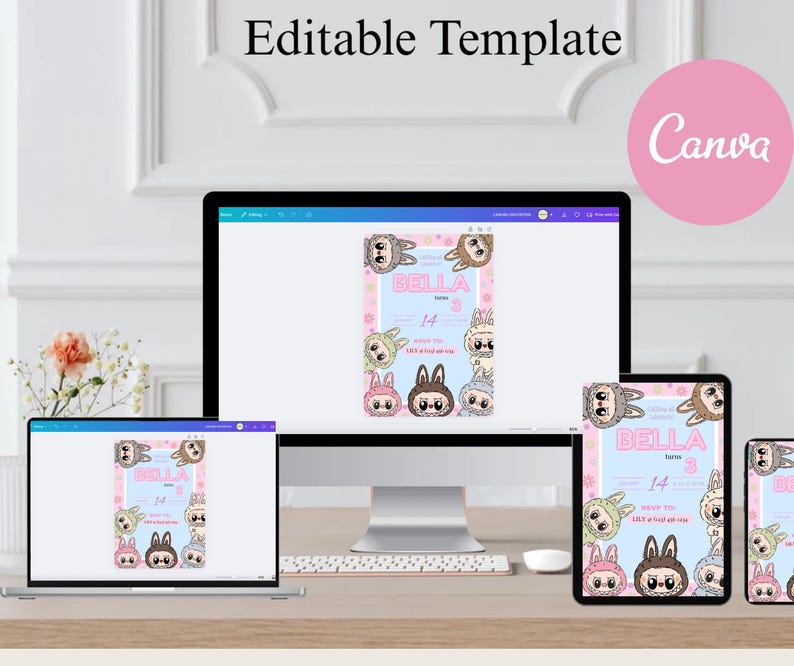May include: Editable template for a birthday party invitation with a pink and blue color scheme. The invitation features a cartoon character with a pink bow and the text "Bella's 3rd Birthday".