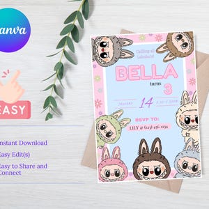 May include: A pink and blue birthday invitation with a cartoon character on the front. The invitation says "Calling all Labubu's" and "Bella turns 3". The date is January 14th, 2:50-2:30 PM. The RSVP information is "LILY @ (123) 456 1234".