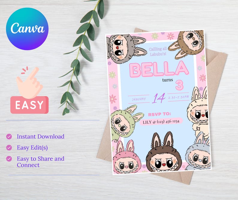 May include: A pink and blue birthday invitation with a cartoon character on the front. The invitation says "Calling all Labubu's" and "Bella turns 3". The date is January 14th, 2:50-2:30 PM. The RSVP information is "LILY @ (123) 456 1234".