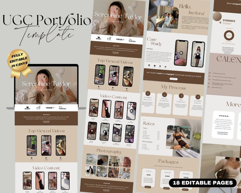 May include: A digital portfolio template for a UGC creator. The template features a light brown and white color scheme with a modern design. The template includes sections for top viewed videos, video content, photography, case studies, rates, packages, and a calendar. The template is fully editable in Canva.