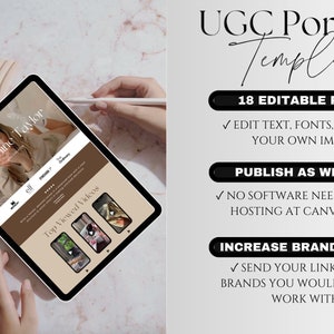 May include: A tablet displaying a website mockup for a UGC portfolio template. The website features a woman's photo, the text "Seraphine Taylor", and a section titled "Top Viewed Videos". The text "UGC Portfolio Template" is displayed on the right side of the image, along with the text "18 Editable Pages", "Publish as Website", and "Increase Brand Appeal".