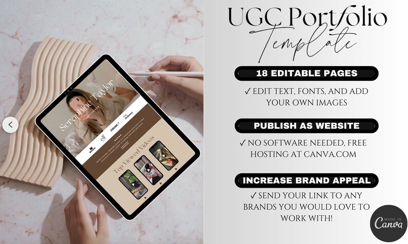 May include: A tablet displaying a website mockup for a UGC portfolio template. The website features a woman's photo, the text "Seraphine Taylor", and a section titled "Top Viewed Videos". The text "UGC Portfolio Template" is displayed on the right side of the image, along with the text "18 Editable Pages", "Publish as Website", and "Increase Brand Appeal".