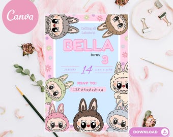 Labubu The Monsters Birthday Invitation Template, Editable, Printable, Labubu party flyer, Labubu invitation, Labubu the monsters theme