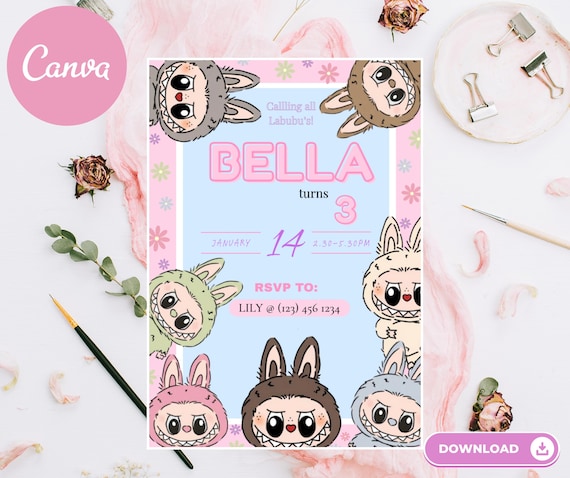 Labubu The Monsters Birthday Invitation Template, Editable, Printable, Labubu party flyer, Labubu invitation, Labubu the monsters theme
