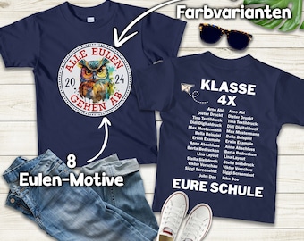 Schulkind Gruppenshirt | Schulabschluss Grundschule | Abschiedsgeschenk 4. Klasse Schüler | beidseitig bedruckt mit Namen. Schuljahr, Eulen