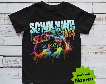 T-shirt pour écolier 2024 pour l'introduction à l'école, cadeaux pour garçons et enfants avec nom et année scolaire | T-shirt enfant avec voiture monster truck pour la rentrée scolaire