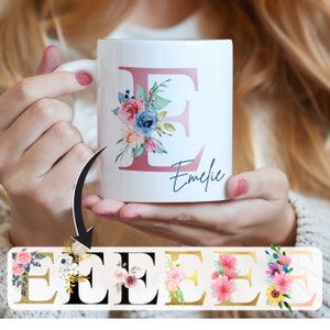 Taza con letra y flores, Taza personalizada con nombre deseado, Taza con dicho, Taza con letra deseada