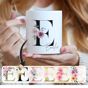 Taza con letra y flores, Taza personalizada con nombre deseado, Taza con dicho, Taza con letra deseada