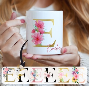 Taza con letra y flores, Taza personalizada con nombre deseado, Taza con dicho, Taza con letra deseada