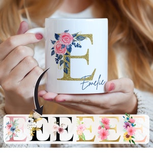 Taza con letra y flores, Taza personalizada con nombre deseado, Taza con dicho, Taza con letra deseada