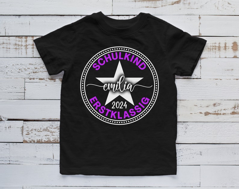 T-shirt pour écoliers pour l'introduction à l'école, cadeaux pour filles et garçons avec nom et année scolaire Tenue pour l'école lila