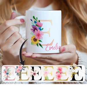 Taza con letra y flores, Taza personalizada con nombre deseado, Taza con dicho, Taza con letra deseada