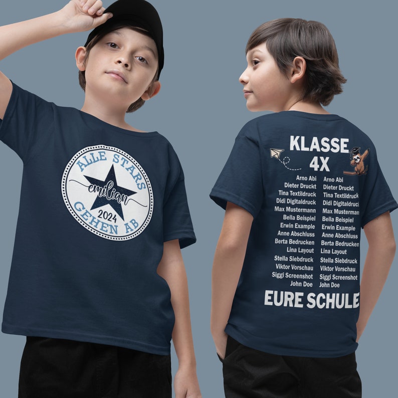 Schulkind Gruppenshirt Schulabschluss Grundschule Abschiedsgeschenk 4. Klasse Schüler beidseitig bedruckt mit Namen und Schuljahr Navy