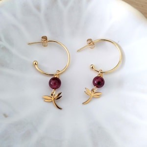 Earrings Hoop Garnet Stone Dragonfly Gold-Plated Stainless Steel Hypoallergenic