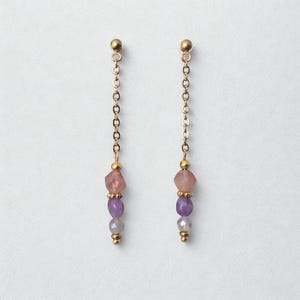 Può includere: Un paio di orecchini a catena color oro. Ogni orecchino presenta una serie di piccole pietre preziose sfaccettate nei toni del rosa, viola e grigio. Le pietre sono sospese da una delicata catena.