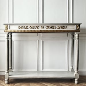 Château Doré III, desk, distress finish, narrow table, wooden console, carved console