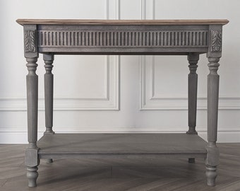 Kodo I, tavolo in legno, scrivania, finitura angosciata, tavolo stretto, consolle in legno, consolle intagliata