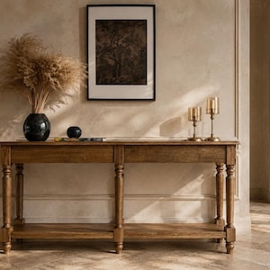May include: A long wooden console table with turned legs and a lower shelf. On top sits a dark blue vase filled with dried pampas grass, a small dark bowl, and two gold-toned candle holders with glass cylinders. A framed landscape print hangs above.