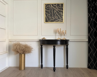 Mezzaluna, handcrafted solid wooden three legs table, black & gold finish, classic design, modern, glam, timeless interiors, decorative