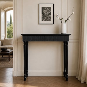 Schlanker Konsolentisch, schwarz, ideal für Flur und Eingangsbereich. Elegantes italienisches Design. Schreibtisch, Beistelltisch, Konsolentisch aus Massivholz, Hochzeitsgeschenk