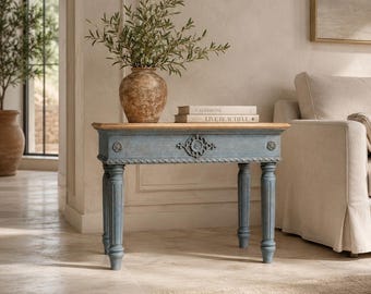 Low Height Coffee Table for Coffee Area. Old Money Italian Style Nightstand in Blue-grey Finish, Small Coffee Table. Housewarming Gift