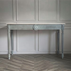 Le Trésor VIII, wooden table, desk, distress finish, narrow table, wooden console, carved console