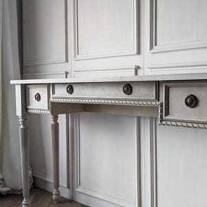 Le Rustique, wooden table, desk, distress finish, narrow table, wooden console, carved console