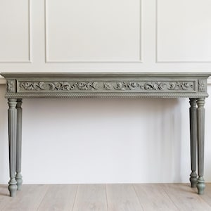 Château Doré VIII, wooden table, desk, distress finish, narrow table, wooden console, carved console