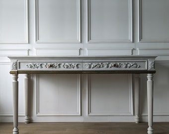 Château Doré VI, table en bois, bureau, finition vieillie, table étroite, console en bois, console sculptée