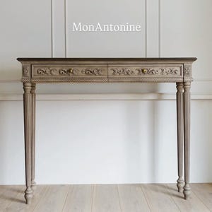 Château Doré VIIIII, wooden table, desk, distress finish, narrow table, wooden console, carved console