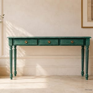 Console en bois avec tiroirs, bureau étroit fait main, table d'entrée, style italien, table d'appoint derrière un canapé, console étroite