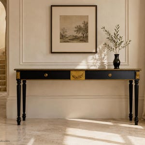 Narrow Console Table with Drawers in Old-Money Style. Handmade Furniture. Storage Console Table. Wooden Writing Desk with Gold Handles.