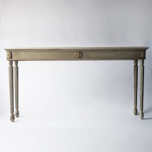 Le Rustique, wooden table, desk, distress finish, narrow table, wooden console, carved console