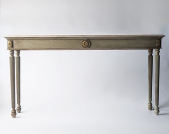 Le Rustique, wooden table, desk, distress finish, narrow table, wooden console, carved console