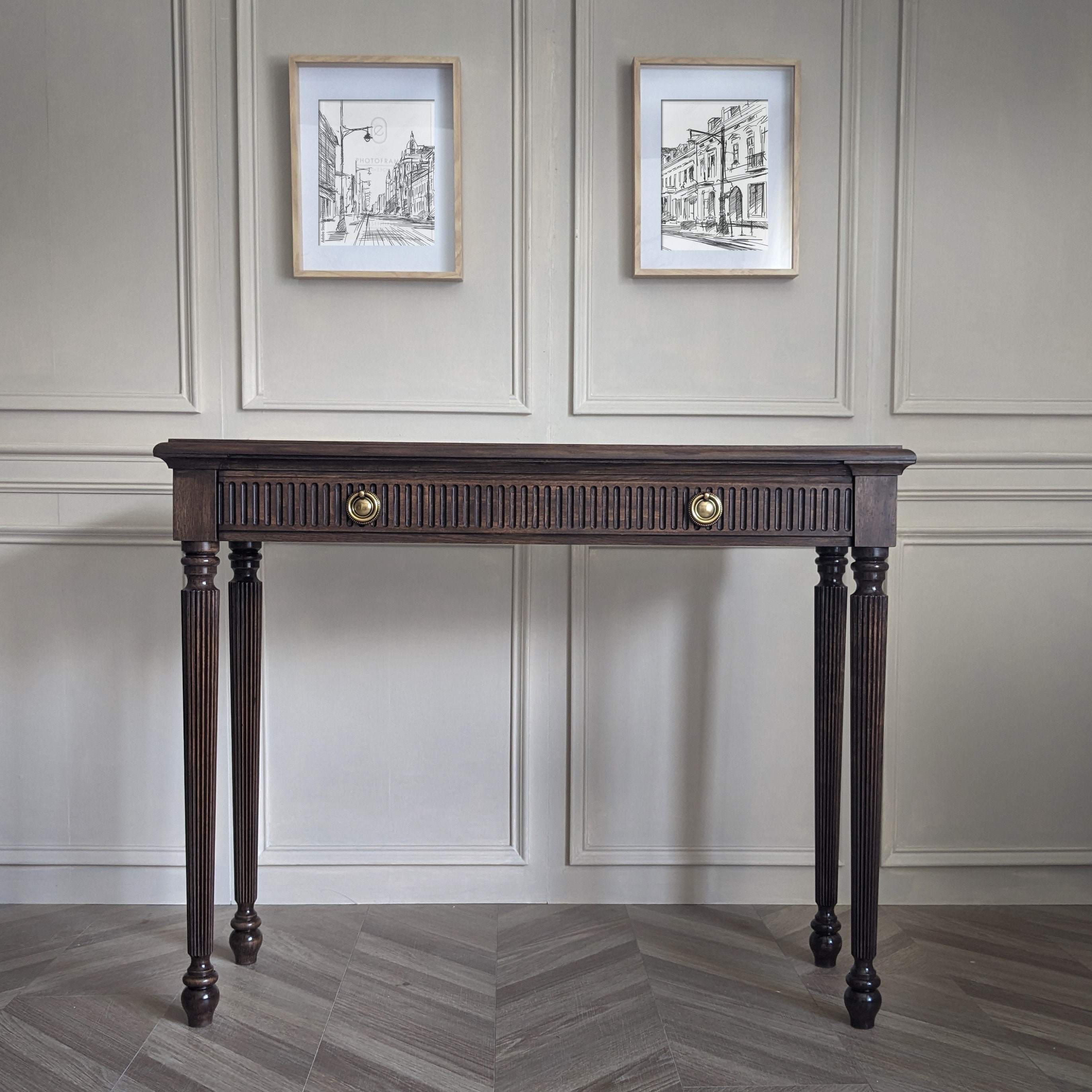 Le Trésor Natural with drawer, wooden table, desk, distress finish, narrow table, wooden console, carved console