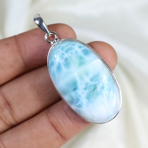 Blue Larimar Pendant, 925 Silver Pendant, Oval Larimar Gemstone Pendant, Collet Pendant, Narrow Bails Pendant, Larimar Jewelry Gift For Her
