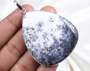 Natural White Dendrite Opal Pendant, 925 Sterling Silver Bezel, Boho Necklace