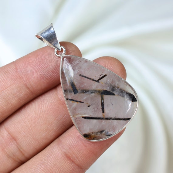 Rutile Pendant 925 Silver Pendant Pear Rutilated Pendant Bezel Pendant  Black Rutile Gemstone Pendant Crystal Pendant Rutile Jewelry Necklace