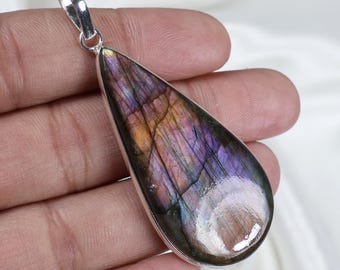 Pear Purple Labradorite Pendant, 925 Sterling Silver Bails